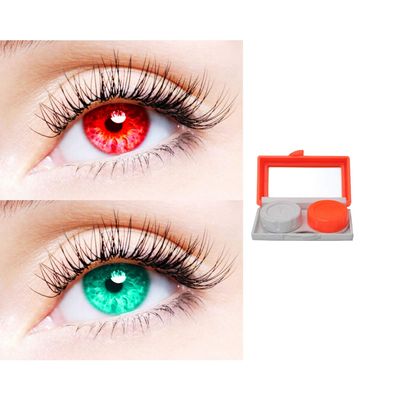 2 Pair Monthly Colored Contact Lenses Zero Power With 1 Lens Travel Kit (Red-Sea Blue)