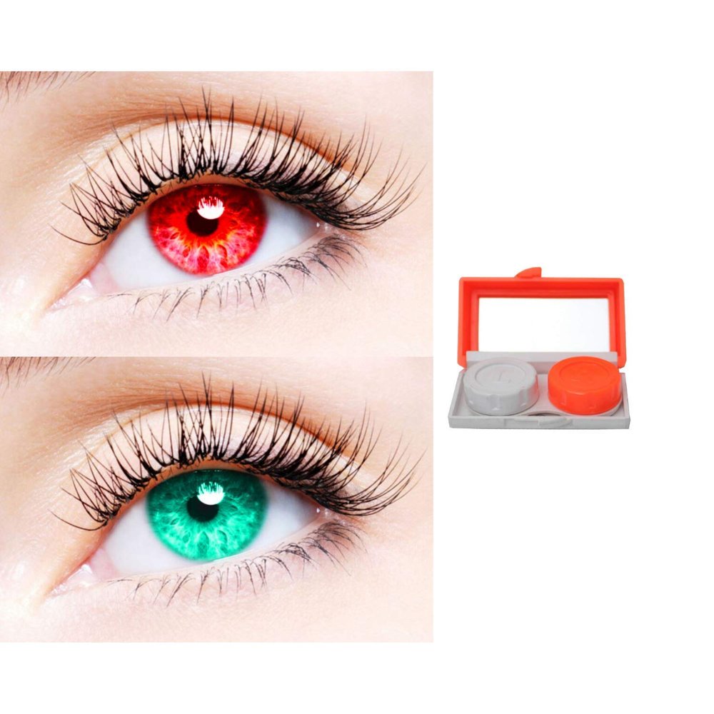 2 Pair Monthly Colored Contact Lenses Zero Power With 1 Lens Travel Kit (Red-Sea Blue)
