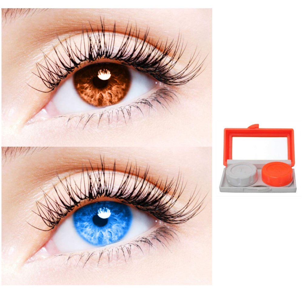 2 Pair Monthly Colored Contact Lenses Zero Power With 1 Lens Travel Kit (Brown-Light Blue)