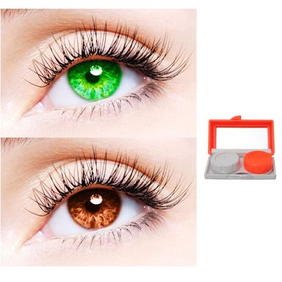 2 Pair Monthly Colored Contact Lenses Zero Power With 1 Lens Travel Kit (Green-Brown)
