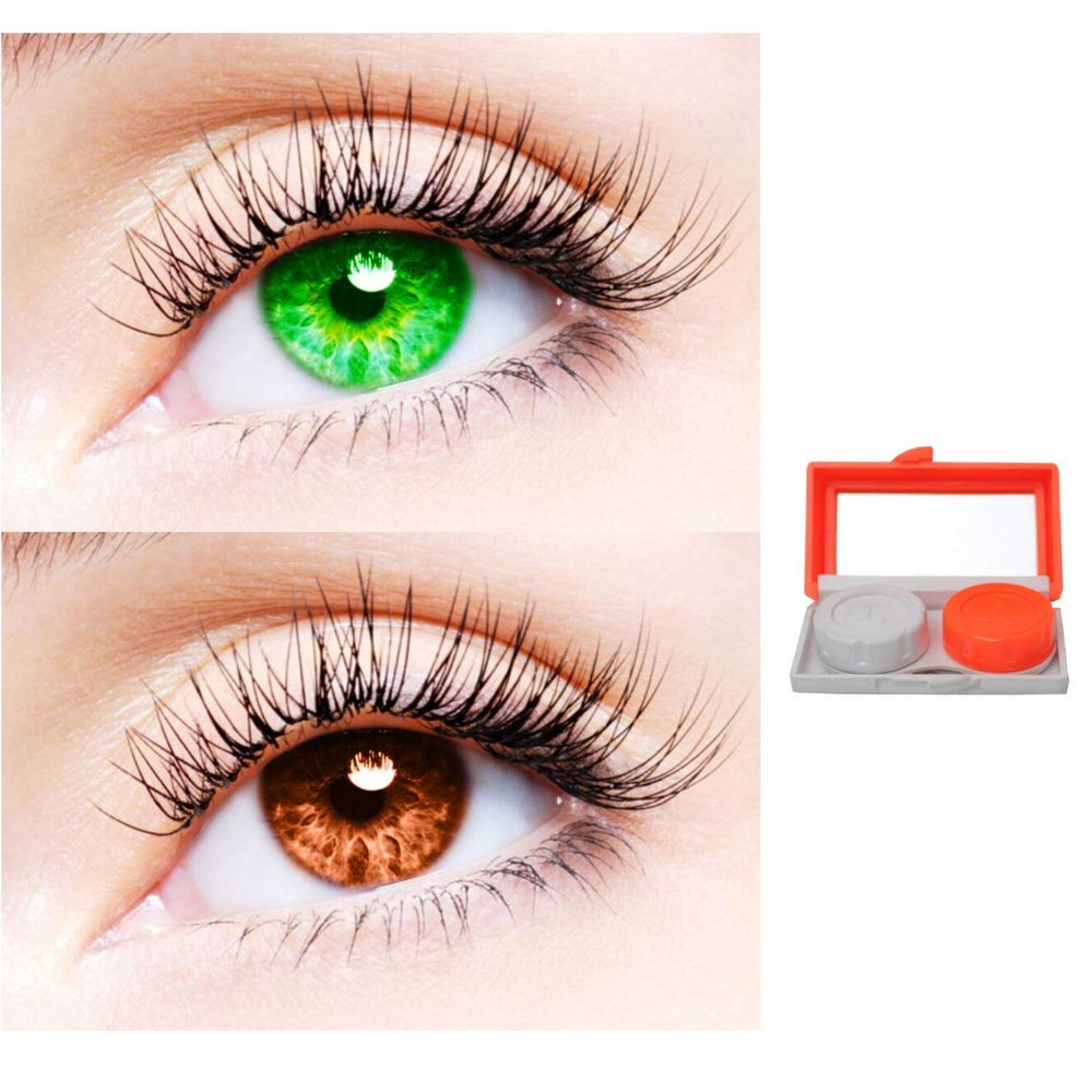 2 Pair Monthly Colored Contact Lenses Zero Power With 1 Lens Travel Kit (Green-Brown)