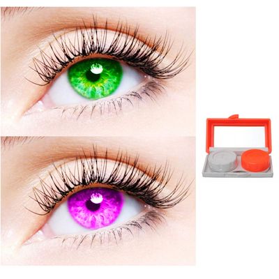 2 Pair Monthly Colored Contact Lenses Zero Power With 1 Lens Travel Kit (Green-Violet)