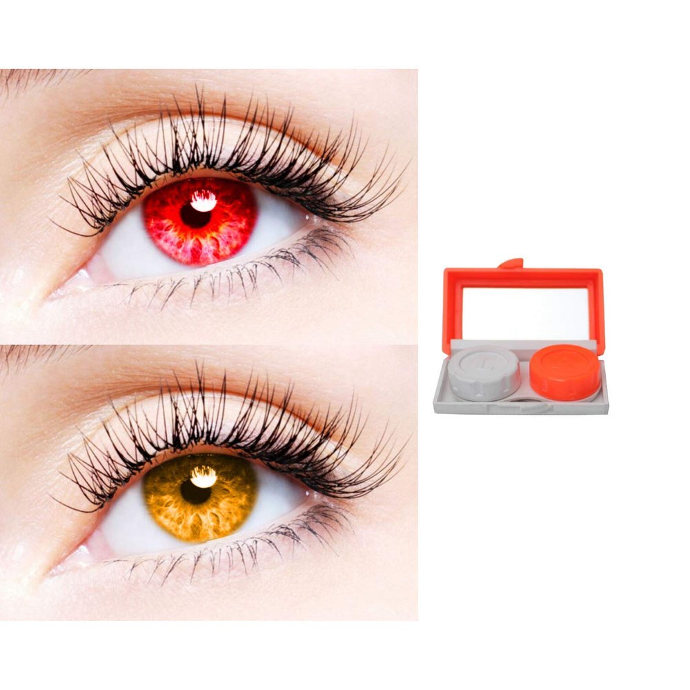 2 Pair Monthly Colored Contact Lenses Zero Power With 1 Lens Travel Kit (Red-Honey)