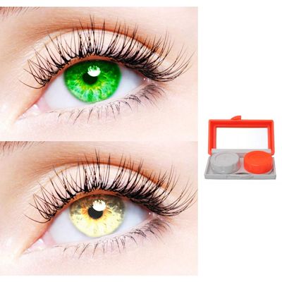 2 Pair Monthly Colored Contact Lenses Zero Power With 1 Lens Travel Kit (Green-Gold)