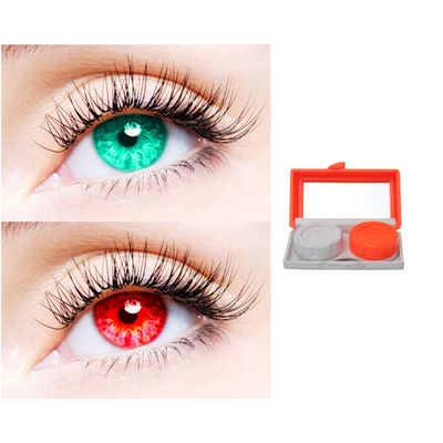 2 Pair Monthly Colored Contact Lenses Zero Power With 1 Lens Travel Kit (Sea Blue-Red)