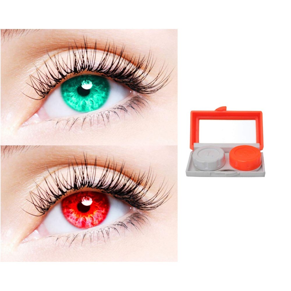 2 Pair Monthly Colored Contact Lenses Zero Power With 1 Lens Travel Kit (Sea Blue-Red)