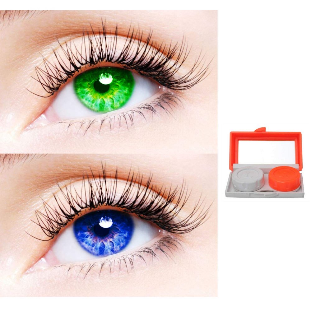 2 Pair Monthly Colored Contact Lenses Zero Power With 1 Lens Travel Kit (Green-Blue)