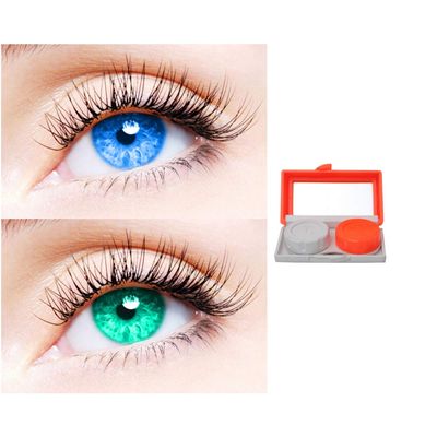 2 Pair Monthly Colored Contact Lenses Zero Power With 1 Lens Travel Kit (Light Blue-Sea Blue)