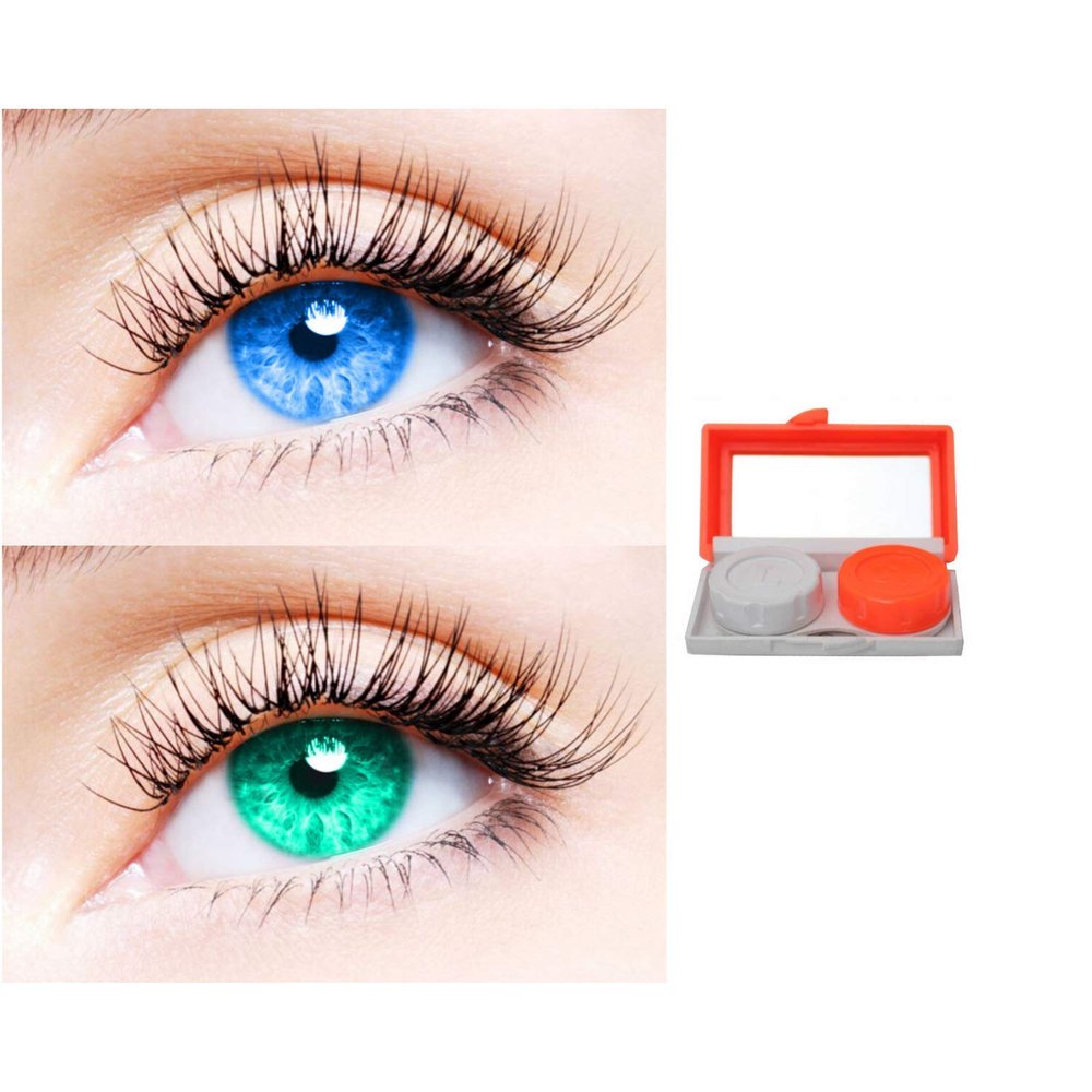 2 Pair Monthly Colored Contact Lenses Zero Power With 1 Lens Travel Kit (Light Blue-Sea Blue)