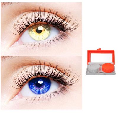 2 Pair Monthly Colored Contact Lenses Zero Power With 1 Lens Travel Kit (Gold-Blue)