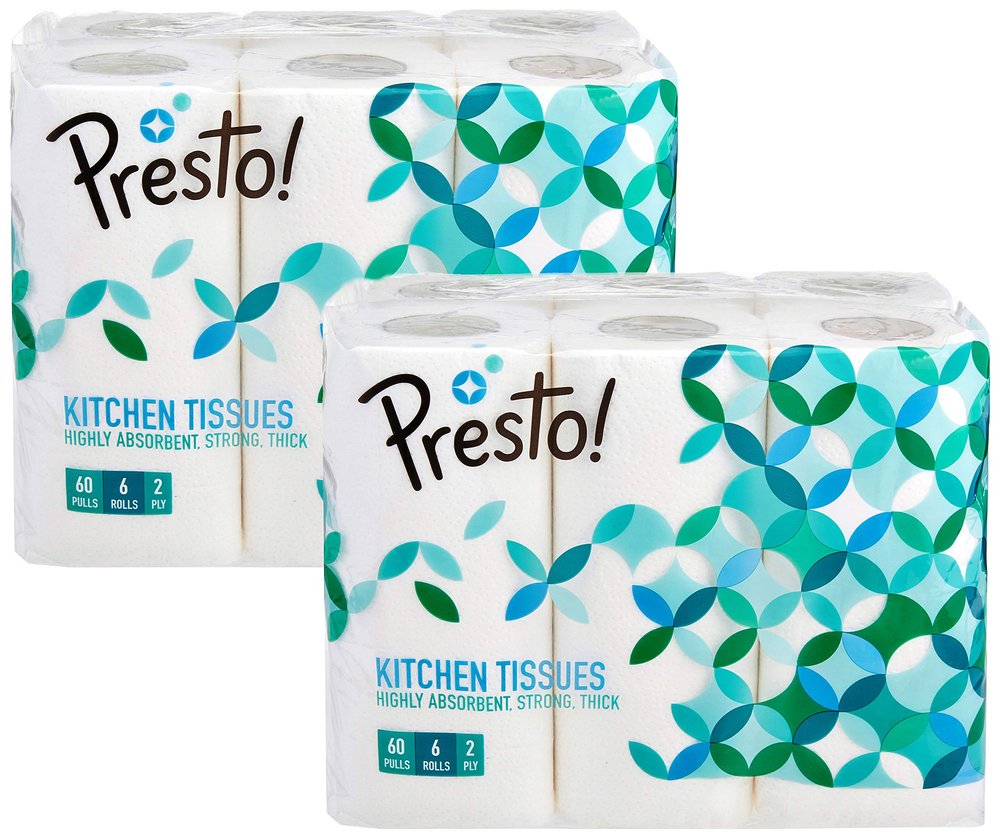 Amazon Brand - Presto! 2 Ply Kitchen Tissue Paper Roll | 720 Pulls | 60 Kitchen Towels X 12 Rolls | Soft And Highly Absorbent | 100% Natural Virgin Cellulose Fiber