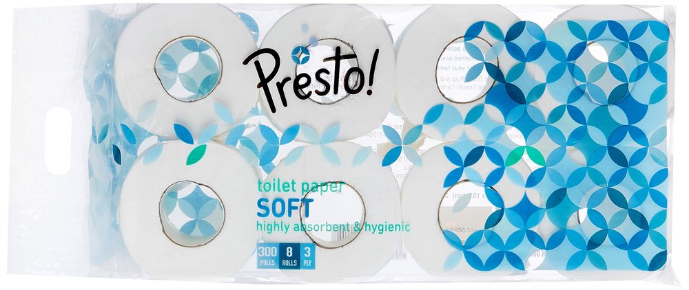 Amazon Brand - Presto! 3 Ply Toilet Paper Roll | 2400 Pulls | 300 Pulls x 8 Rolls | Soft and Highly Absorbent | OBA-Free || Smooth Feel | 100% Natural Virgin Cellulose Fiber