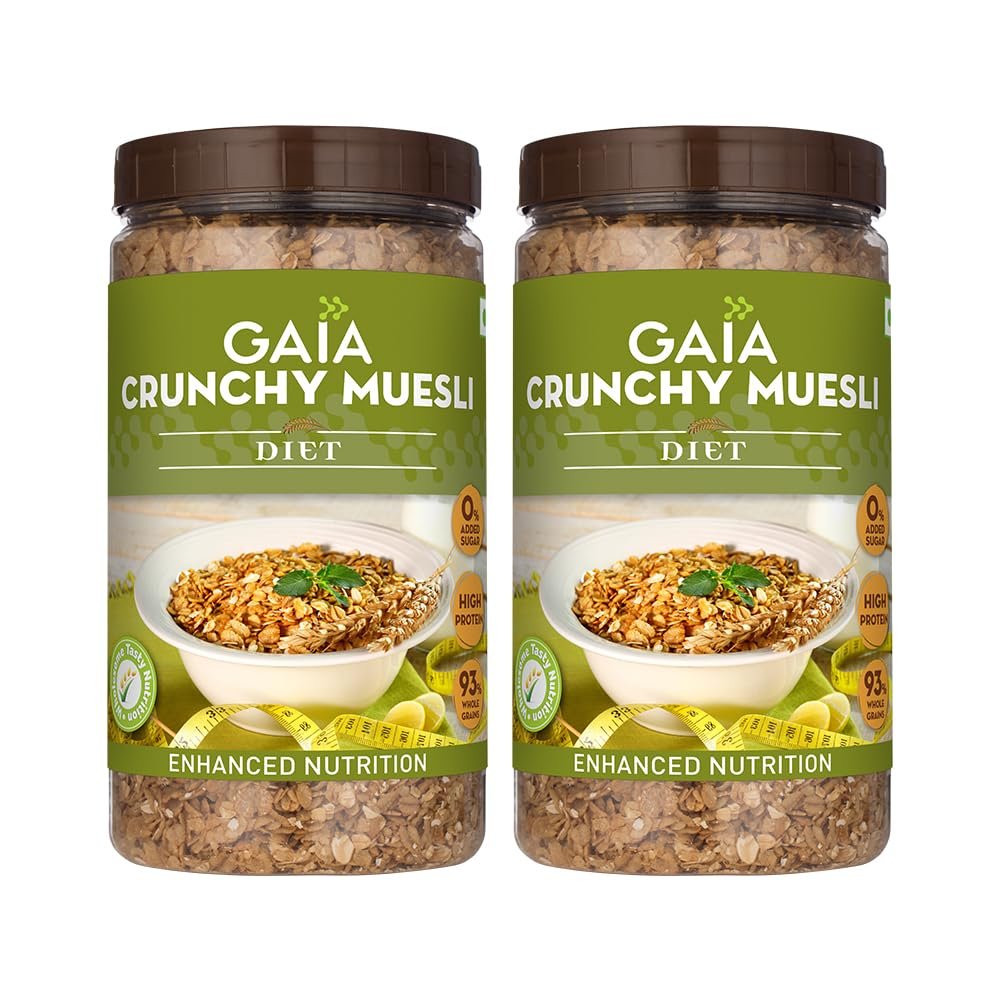 Gaia Diet Muesli - Healhty Diet Food - Power of Multigrain Oats,Wheat Flakes,High Fiber - Super Tasty and Delicious - Sugar Free Breakfast Cereal 1KG Jar(Pack of 2)