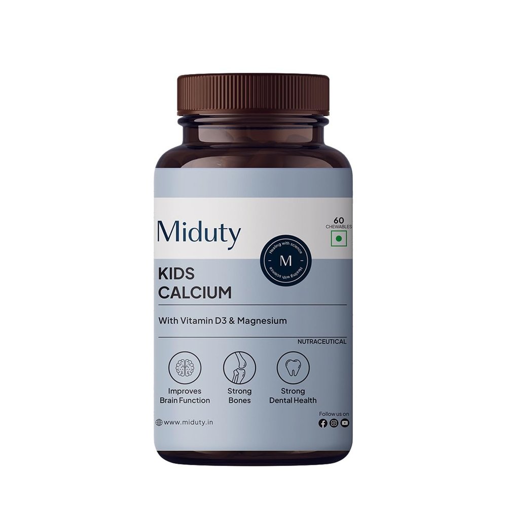 Miduty Kids Calcium - Vitamin D3, K2 & Magnesium - Strong Bones & Teeth - Mint-Flavored, Sugar-Free Calcium Supplement for Active & Picky Eaters - 60 Chewables