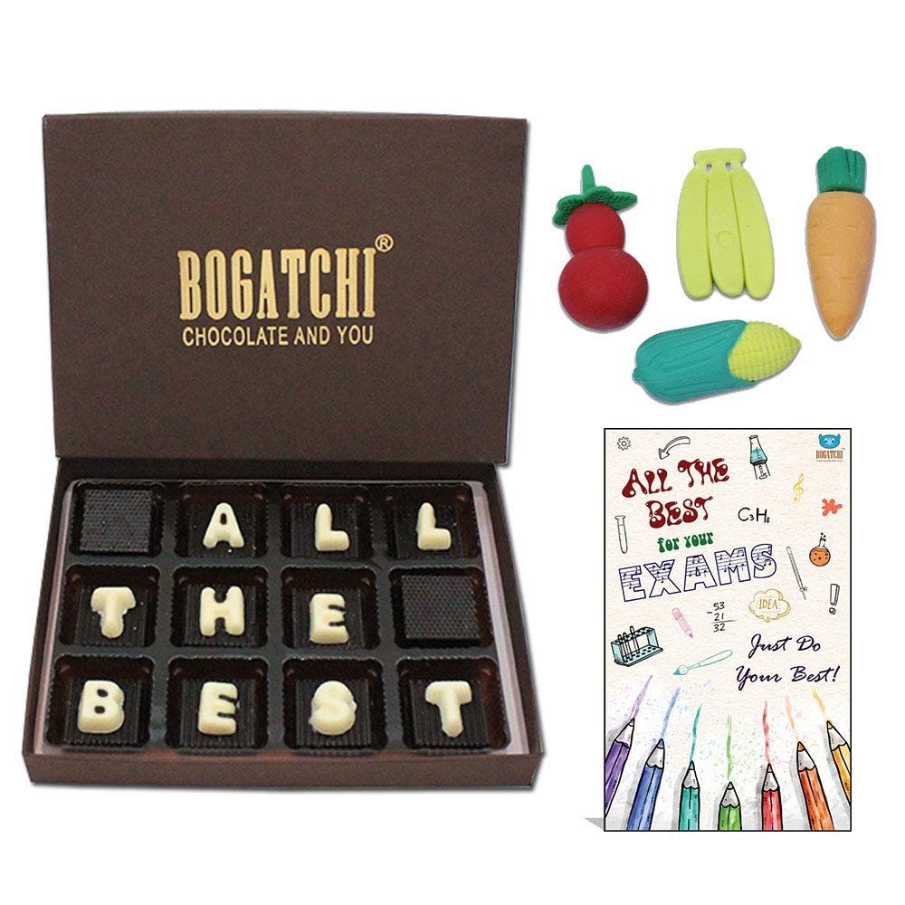 BOGATCHI Best of Luck Gifts for Exams |All The Best| Dark Chocolates, 12pcs | Free Erasers Set and Good Luck Card