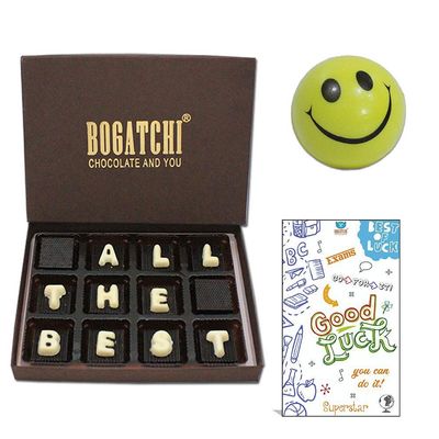 BOGATCHI Best of Luck Gifts for Exams |All The Best| Dark Chocolates, 12pcs | Free Smiley Ball and Good Luck Card