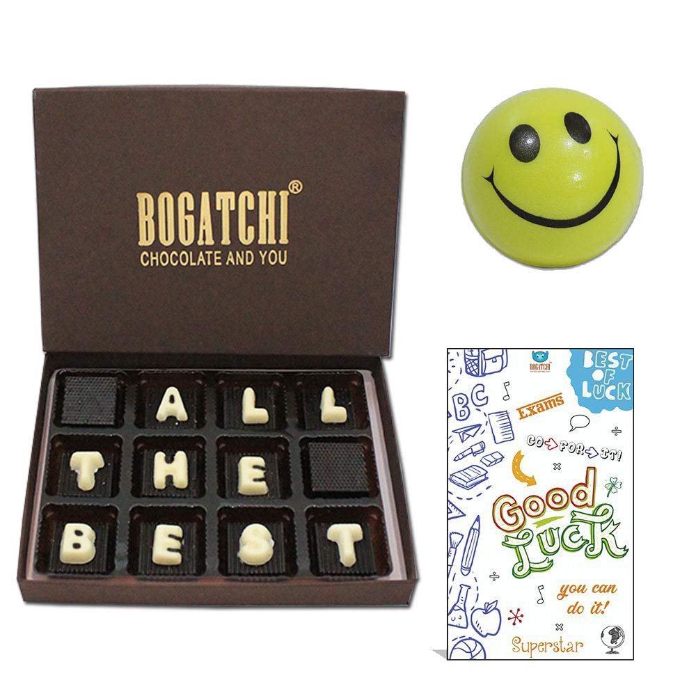 BOGATCHI Best of Luck Gifts for Exams |All The Best| Dark Chocolates, 12pcs | Free Smiley Ball and Good Luck Card