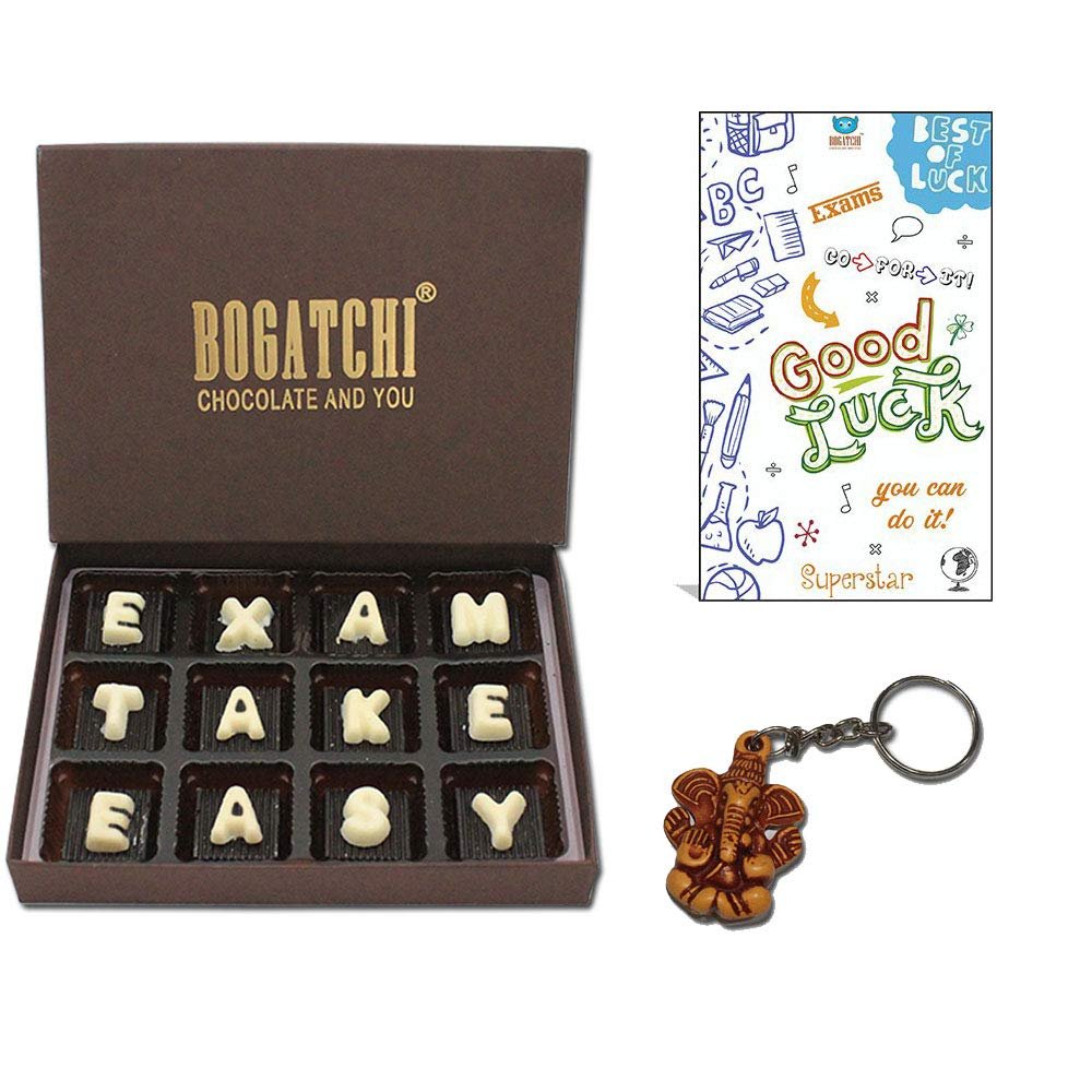 BOGATCHI All The Best Gifts for Exam|Exam Take Easy | Dark Chocolates, 12pcs | Free Good Luck Ganesha Key Chain and Good Luck Card