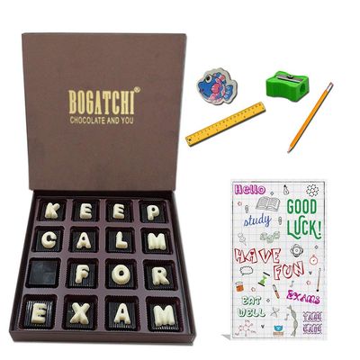 BOGATCHI Best of Luck Gifts for Exams |Keep Calm for Exam | Dark Chocolates, 16pcs | Free Pencil Set and Good Luck Card