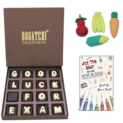BOGATCHI All The Best Gifts|Good Luck for Exam | Dark Chocolates, 16pcs | Free Erasers Set and Good Luck Card
