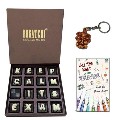 BOGATCHI All The Best Gifts for Exam|Keep Calm It's Exam | Dark Chocolates, 16pcs | Free Good Luck Ganesha Key Chain and Good Luck Card