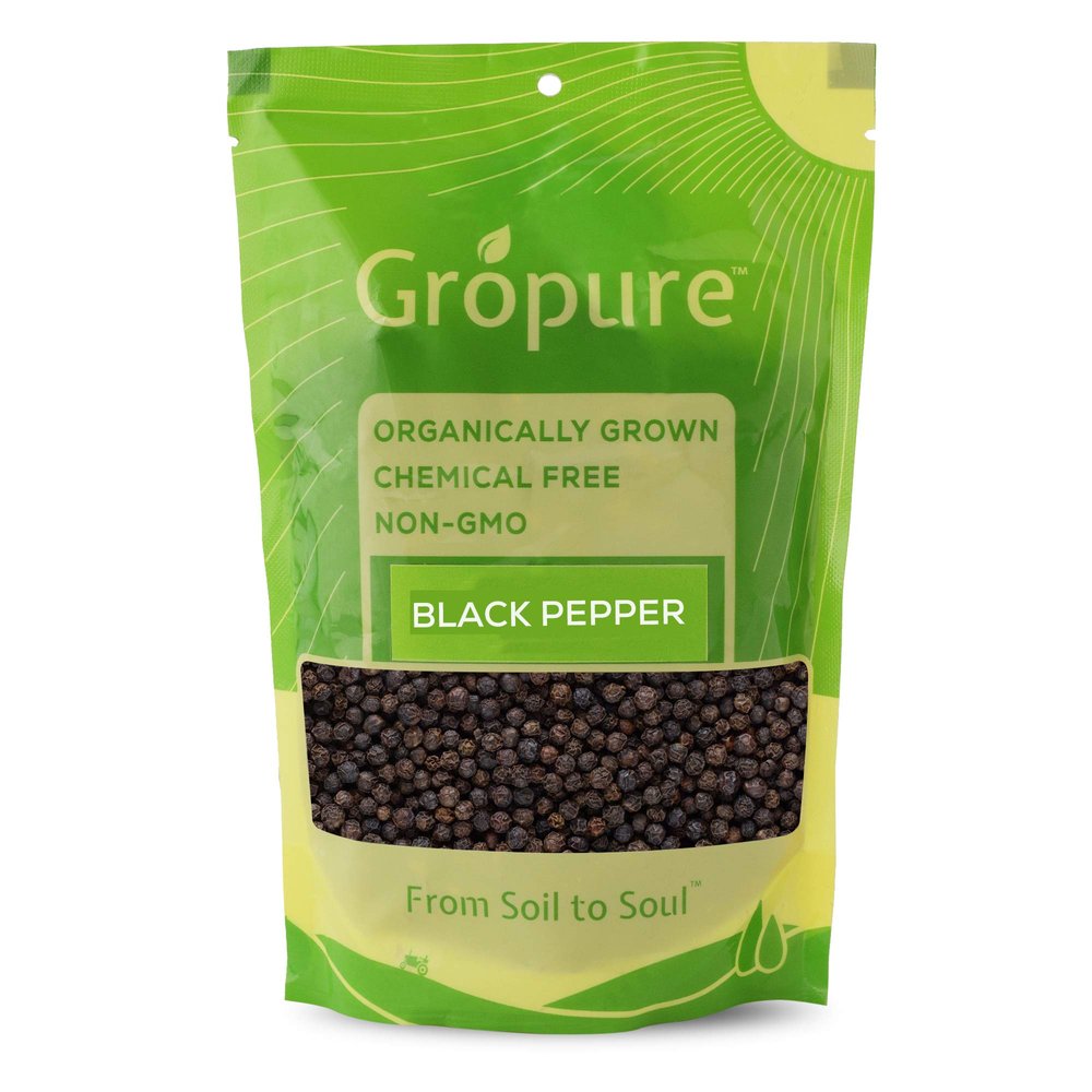 GroPure Organic: From Soil to Soul - Black Pepper Whole - 200g I Sabut Kaali Mirch I Best Organic Spices I Excellent Medicinal Properties I King of Spices I Authentic Aroma, Colour and Texture I Quality Organic Sabut Kali Mirch I Black Pepper Whole