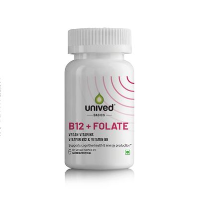 Unived Basics B12+Folate | Vitamin B12 (Methylcobalamin) with 5-MTHF BioAvailable Folate | Essential for Vegetarians | 60 Capsules