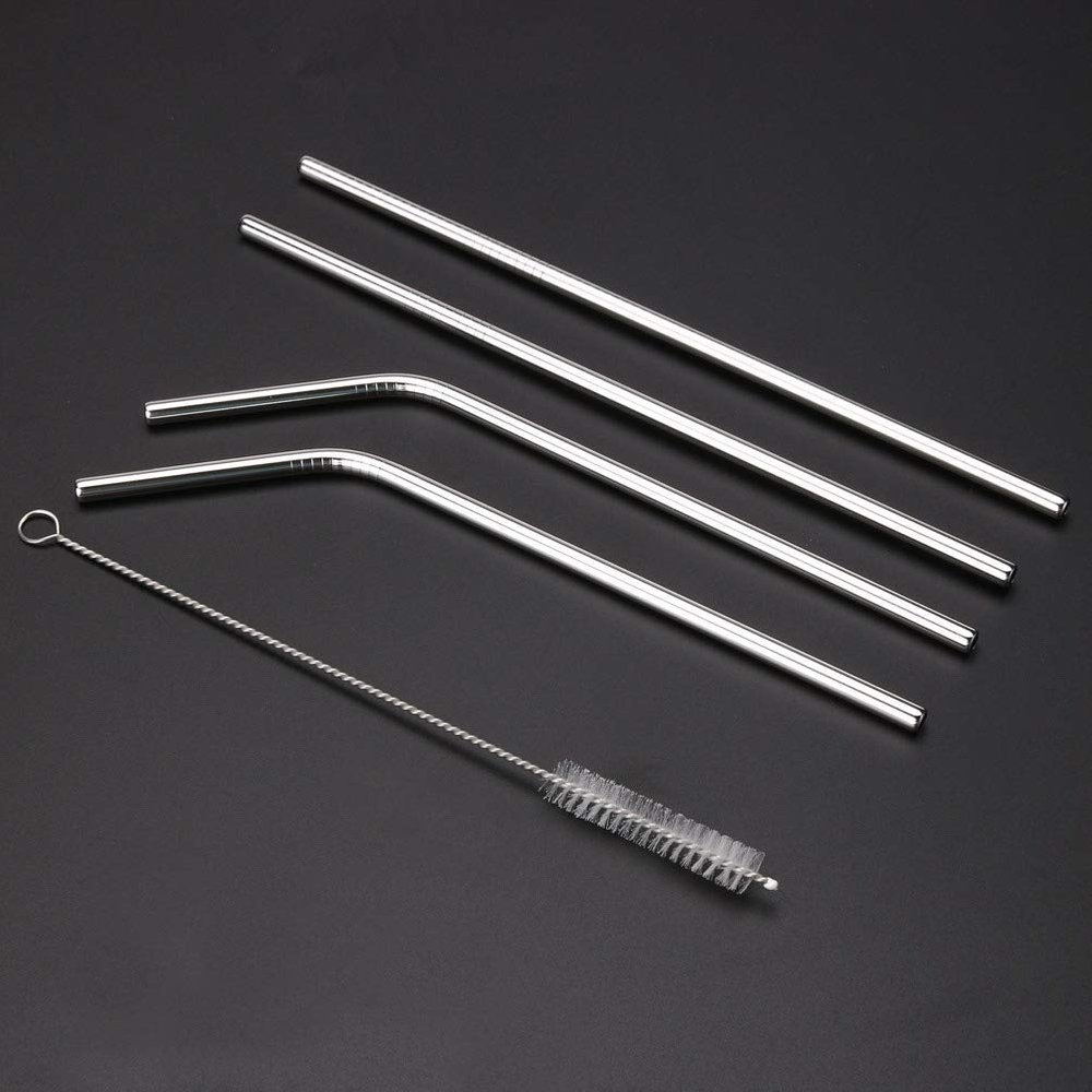 Evaluemart Reusable BPA-Free Metal, Thick, Long, Dishwasher Safe Stainless Steel Drinking Straws, 8.5 Inches (4 Bend and 1 Cleaning Brushes) - Set of 4