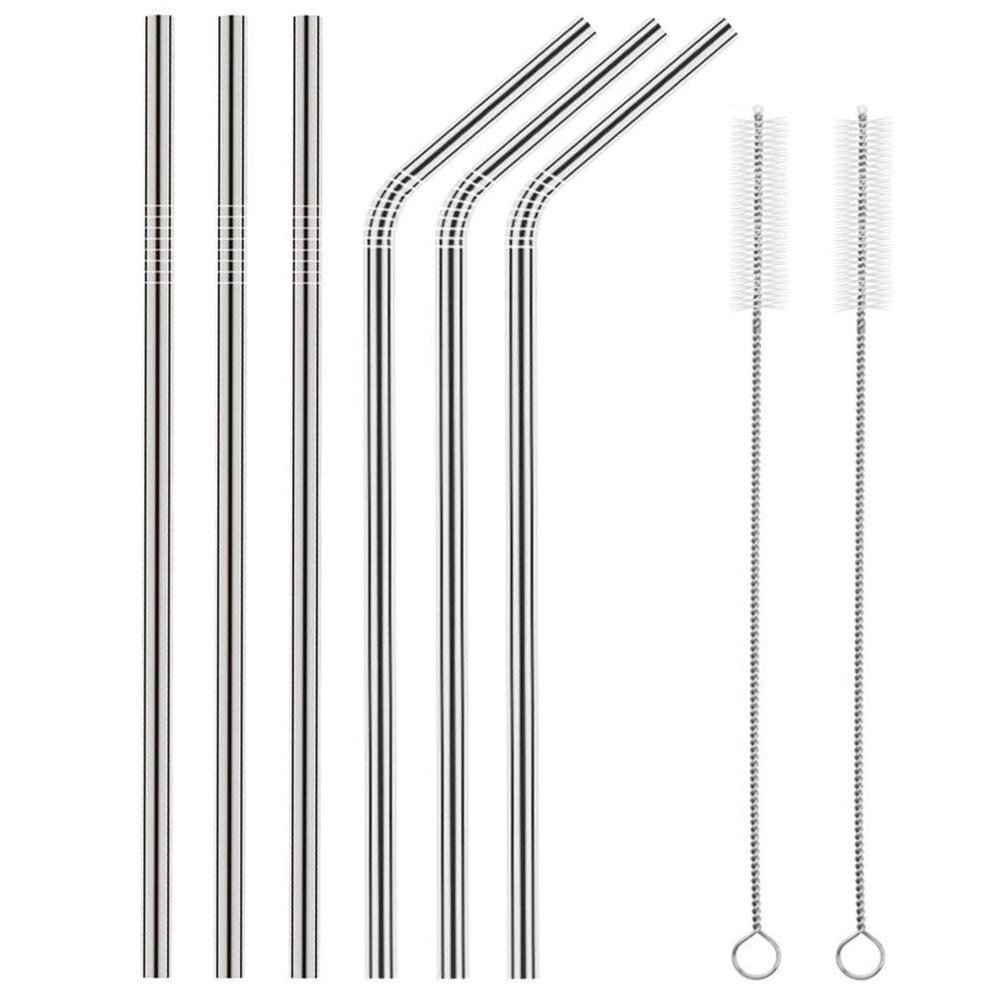 Evaluemart Stainless Steel Straws for Drinking with Brushes (3 Bent + 3 Straight + 2 Brushes)