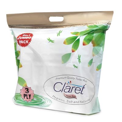 Claret Premium Highly Absorbent Toilet Paper Rolls - 9 in 1 Jumbo Pack, 3-Ply Commercial Grade for Daily Use - Ultimate Softness & Strength