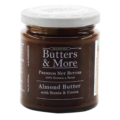 Butters & More Vegan Almond Butter with Dark Cocoa & Natural Stevia Extract (200G). Keto & Diabetic Friendly. Healthy Chocolate Spread.