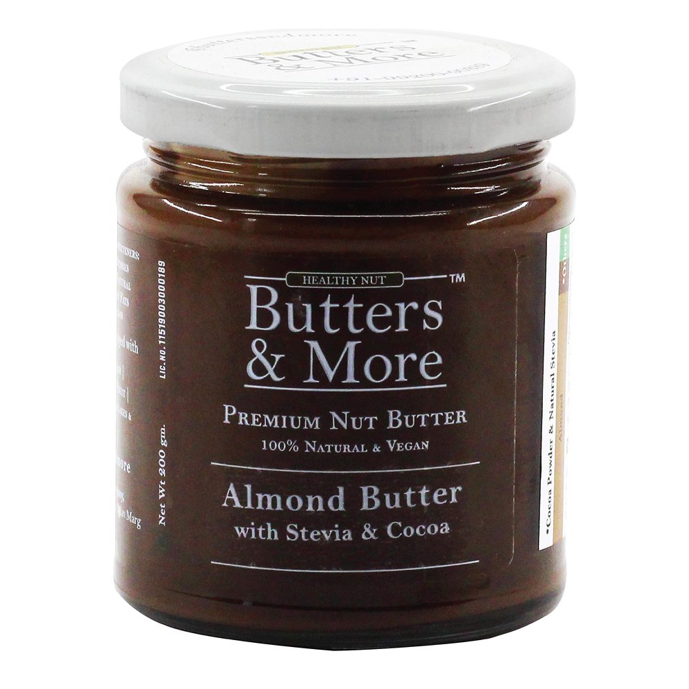 Butters & More Vegan Almond Butter with Dark Cocoa & Natural Stevia Extract (200G). Keto & Diabetic Friendly. Healthy Chocolate Spread.