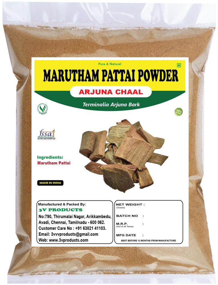3V PRODUCTS Marutham Pattai Powder 400g | Terminalia Arjuna Bark | Arjuna Chaal | Arjun ki Chaal | Arjun Bark (Pack 4x100g)