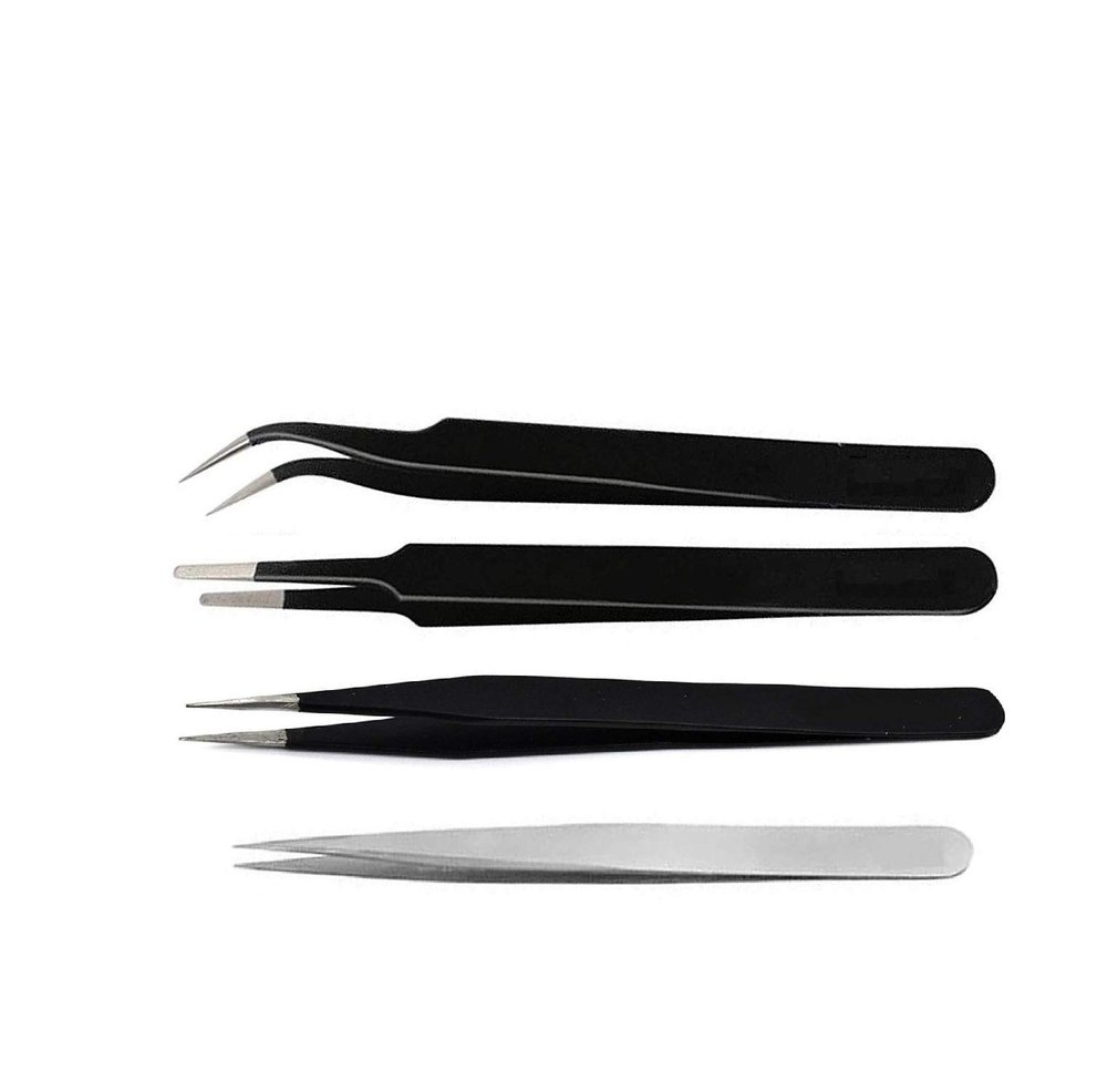 Axtella Set of 3 ESD Safe Non Magnetic Tweezers- Straight, Flat & Curved and 1 Non-Magnetic Stainless Steel Tweezers- Straight