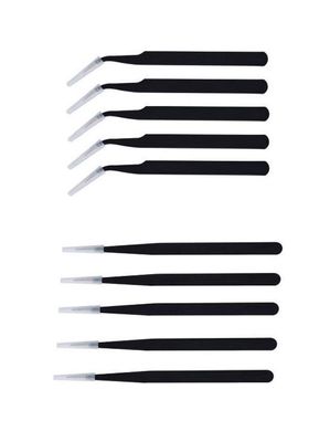 Axtella Set of 10 Non Magnetic ESD Safe Black coated Non Magnetic Tweezers - 5 Straight Pointed & 5 Curved Pointed