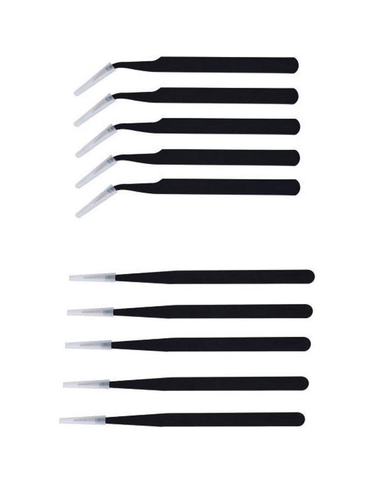 Axtella Set of 10 Non Magnetic ESD Safe Black coated Non Magnetic Tweezers - 5 Straight Pointed & 5 Curved Pointed