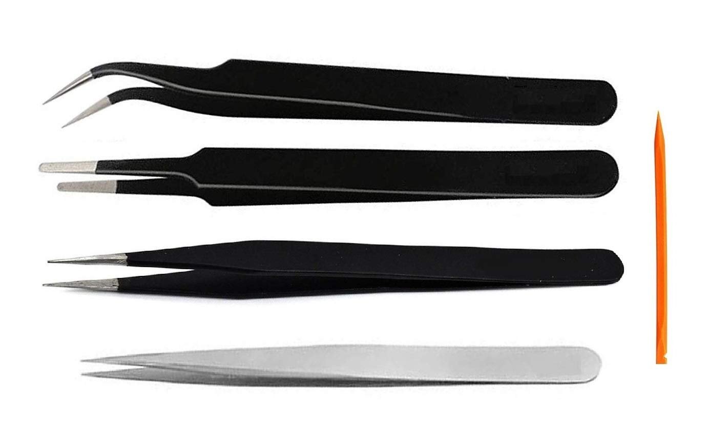 Axtella Set of 3 ESD Non-Magnetic Tweezers-Flat, Straight & Curved & 1 Non-Magnetic Stainless Steel Tweezers- Straight With 1 Fiber Plastic Spudger for Laptop/PC/Jewellery/Mobile Repairing