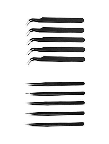 Axtella Set of 10 ESD Non Magnetic Multipurpose ESD Safe Black coated Tweezers - 5 Straight Pointed & 5 Curved Pointed