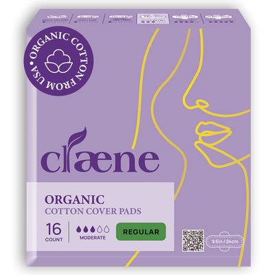 Claene Organic Cotton Cover Pads, Menstrual Regular Pads for women, Unscented, Breathable, Natural Sanitary Napkins with Wings (16Pads)