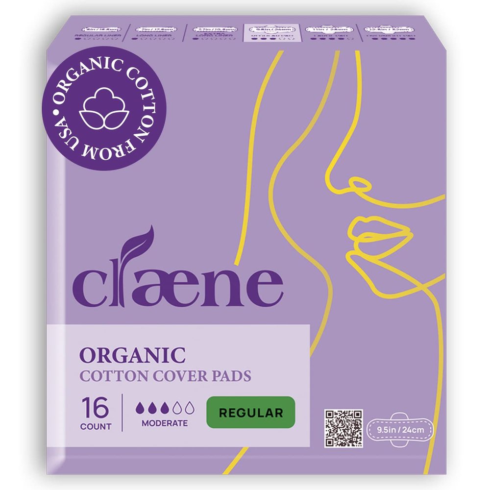 Claene Organic Cotton Cover Pads, Menstrual Regular Pads for women, Unscented, Breathable, Natural Sanitary Napkins with Wings (16Pads)