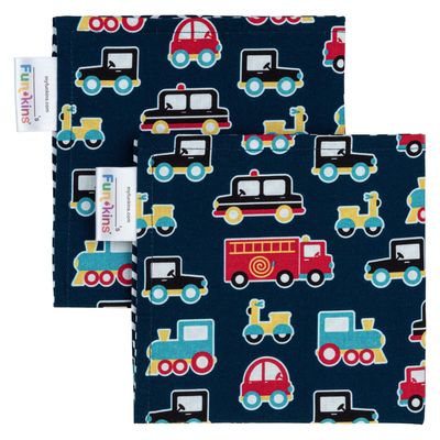 Funkins Reusable Cloth Napkins for Kids | 12x12, 2-Ply, Thick, Absorbent, Durable | Machine Washable | Name Tag | Soft Cotton Fabric | Great for School Lunchboxes | Set of 2 Napkins (Transportation)
