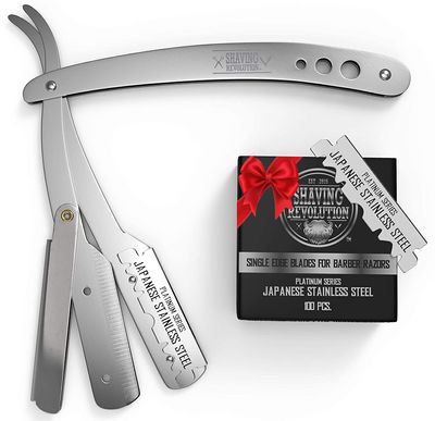 Shaving Revolution Barber Straight Razor - Silver, 100 Blades, Men's Straight Blade Razor Kit