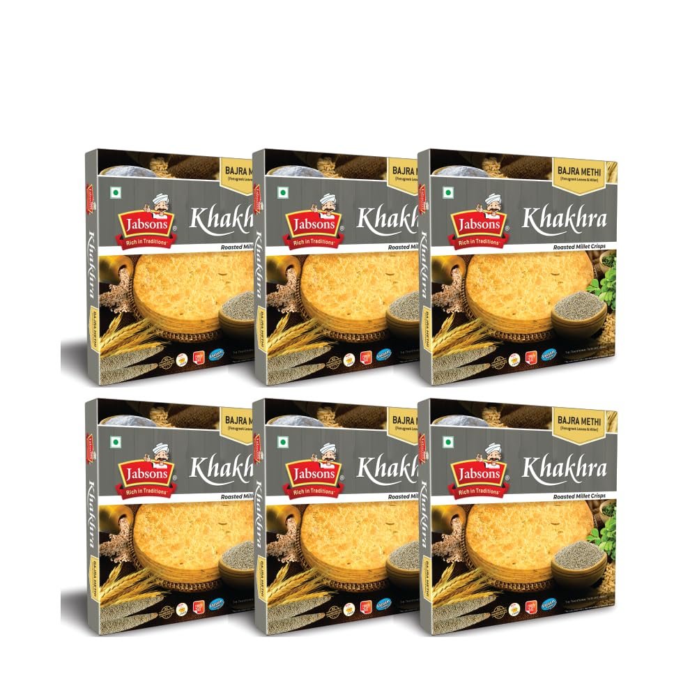 Jabsons Bajra Methi Khakhra | 100% Roasted No Onion No Garlic | Ready To Eat Vacuum Sealed | Crispy and Healthy Snack Ideal for Chai Time | Diet-Friendly Gujarati Khakhra 180 gm (Pack of 6)