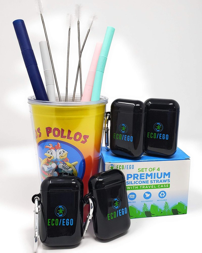 ECO/EGO Set of 4 collapsible silicone straws with cleaning brush and case W/bonus carabiner. Foldable, Reusable, Portable travel straws with keychain. (2 boba and 2 standard diameter straws)) (Black)