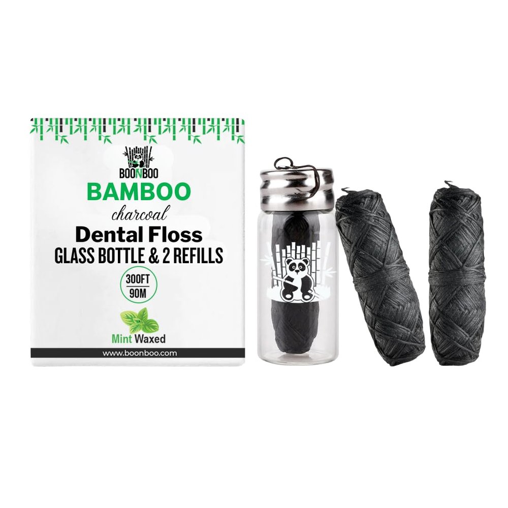 Boonboo Dental Floss | Glass Bottle + 2 Refill | Total 300FT | Bamboo Fiber & Mint Flavor | Biodegradable & Sustainable | Plastic-Free