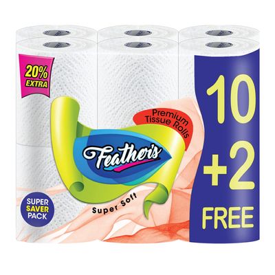 Feather's 2 Ply Toilet Tissue Roll Ultra-soft with 2880 Pulls (10+2 Saver Pack Tissue Roll in 1 Pack)