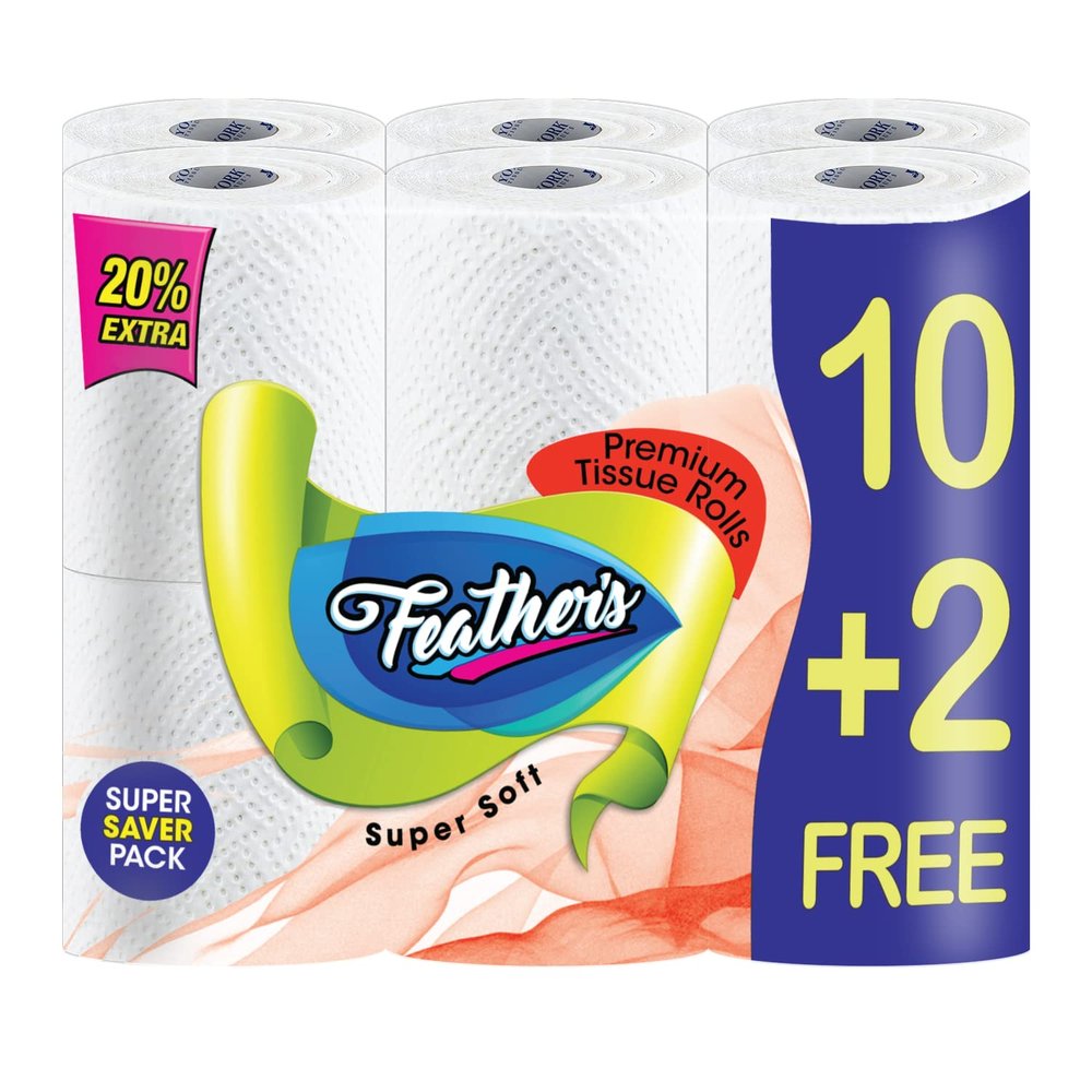 Feather's 2 Ply Toilet Tissue Roll Ultra-soft with 2880 Pulls (10+2 Saver Pack Tissue Roll in 1 Pack)