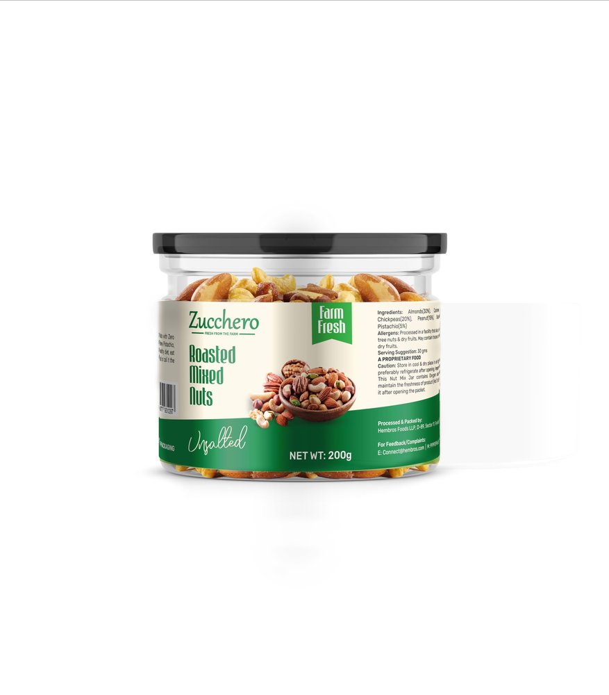 Zucchero Roasted Nut Mix, Unsalted, 200g (California Almond, Cashew (W240), White Chikpeas, Bold Peanuts, Pistachio, Black Raisins) - Oil-Free Roasting | No added Salt | High Protein | Roasted Dry Fruit | Jumbo Quality | Brainy Nuts | Preservative fr
