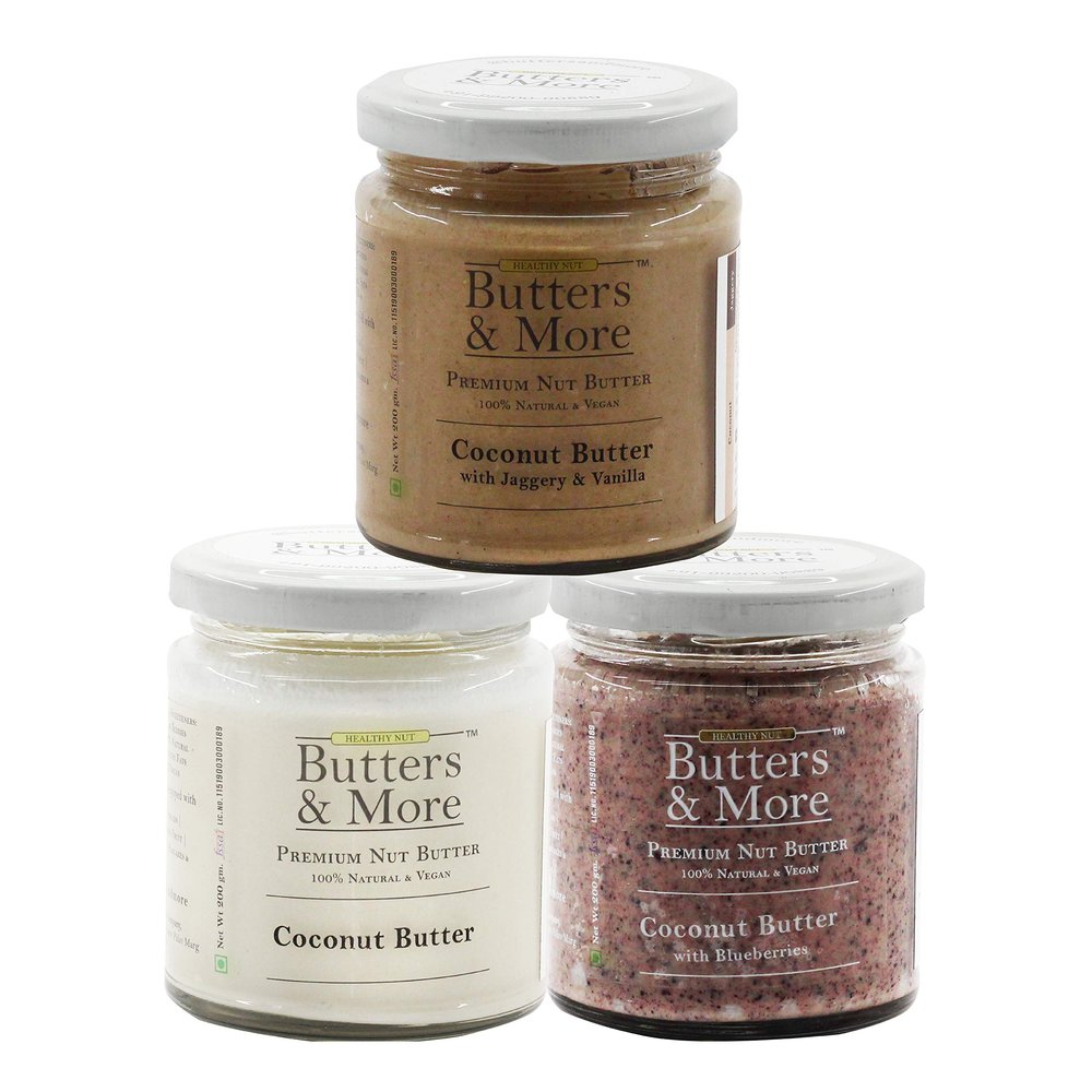 Butters & More Vegan Coconut Butter Combo. All Natural Coconut Butter, Coconut Butter w. Blueberries & Coconut Butter w. Jaggery + Vanilla. 200G Each.