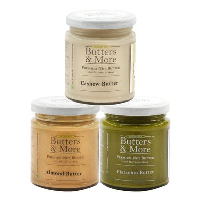 Butters & More Classic, Vegan & Unsweetened Nut Butters Bundle. Almond Butter, Cashew Butter & Pistachio Butter. 200 grams Each. Super Saver Combo. Keto & Diabetic Friendly.